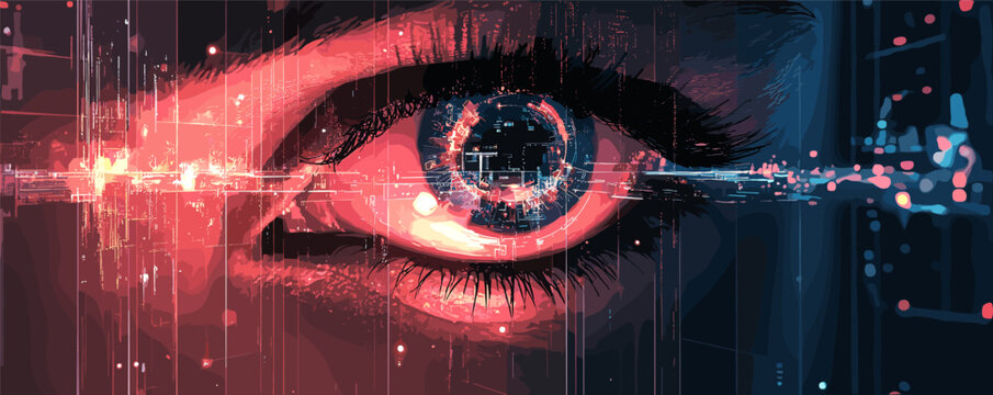 Futuristic human eye with digital interface and neon lights.