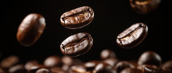 Fototapeta premium A handful of coffee beans suspended in mid-air, ideal for food or product photography