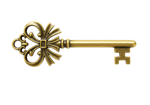Antique golden key with an ornate decorative bow and a classic key bit isolated on transparent background