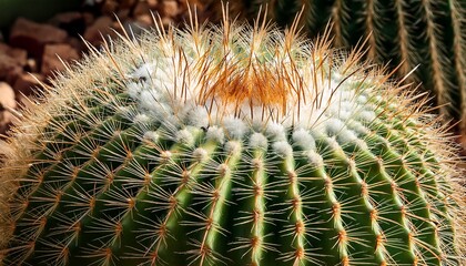 Unique Spherical Cactus With Distinctive Spines Thriving in a Warm Garden Setting Under Bright Sunlight