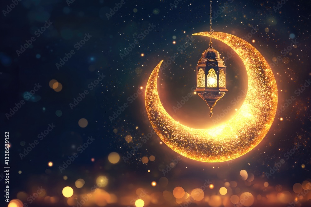 Poster a golden crescent with a lantern hanging from it