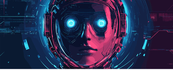 Obraz premium Futuristic digital artwork of human face with glowing robotic eyes and neon colors.