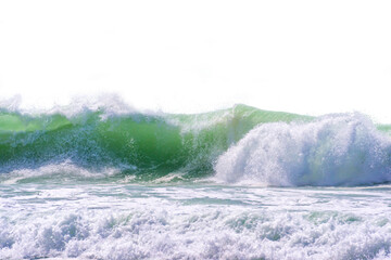 Front view of a huge ocean surf crashing wave isolated on white or transparent background
