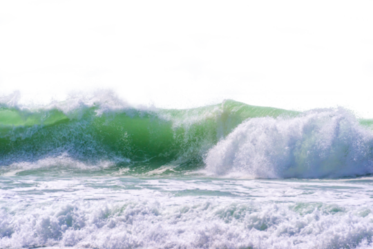 Front view of a huge ocean surf crashing wave isolated on white or transparent background