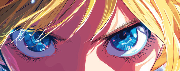 Obraz premium Intense close-up of anime character with blue eyes and blond hair exhibiting determined expression.