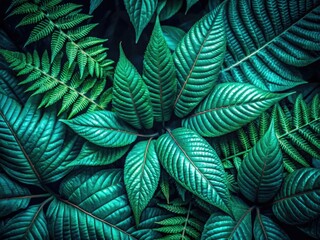 Dark background showcases lush green leaves in a full-frame botanical silhouette.
