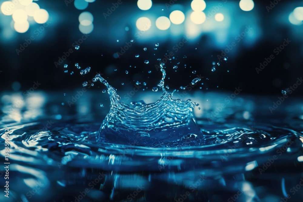 Poster A close-up view of a water drop on a blue background, ideal for uses such as science projects or product demonstrations
