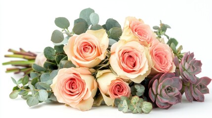 Peach Roses and Succulents Bouquet.