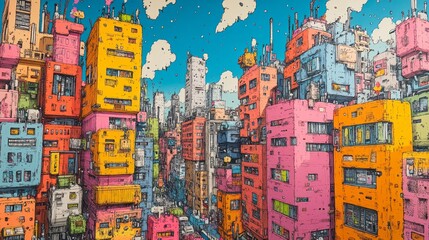 Fototapeta premium Vibrant cityscape featuring colorful buildings under a bright blue sky