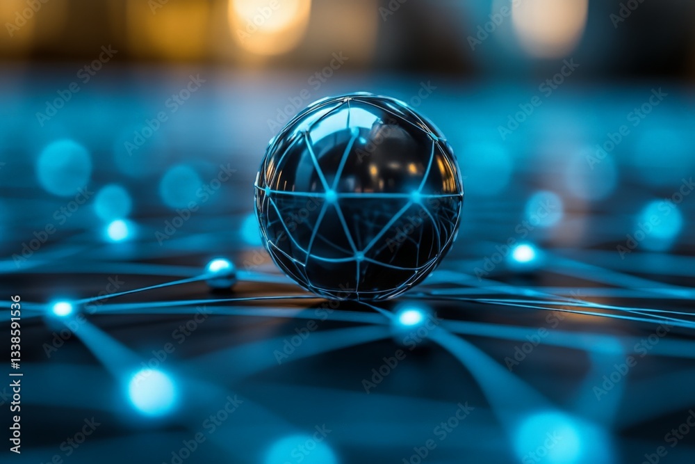 Poster Modern digital sphere connected by luminous lines in a technological network
