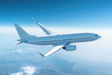Fototapeta premium A large passenger jet flies through a clear blue sky, with no clouds or obstacles in sight