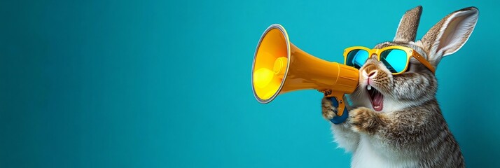 A cheerful rabbit with sunglasses and a megaphone, perfect for promotional materials, children's events, or playful branding around summer and Easter themes.