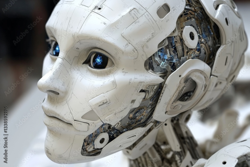 Fototapete Intricate robot head with luminous eyes on display at technology exhibition showcasing advanced robotics and artificial intelligence concepts