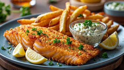 rispy golden-brown fish fillets with a crunchy breadcrumb coating, served alongside a portion of perfectly cooked French fries. The dish is garnished with freshly chopped parsley and accompanied by a 