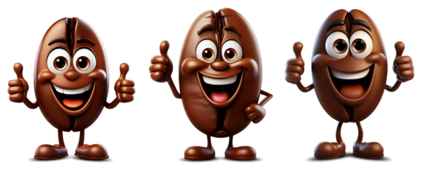 Closeup of a cute roasted coffee bean cartoon character with a smiling face and thumbs up with feet and hands. Isolated on white or transparent background, collection and variation. Png. Generative Ai