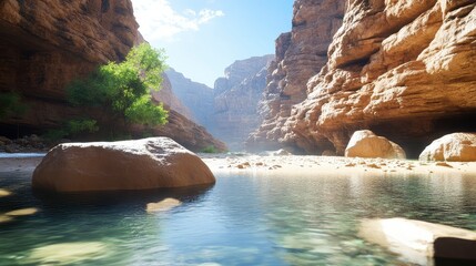 Serene oasis in a narrow canyon, sunlight illuminating calm water and rocks.
