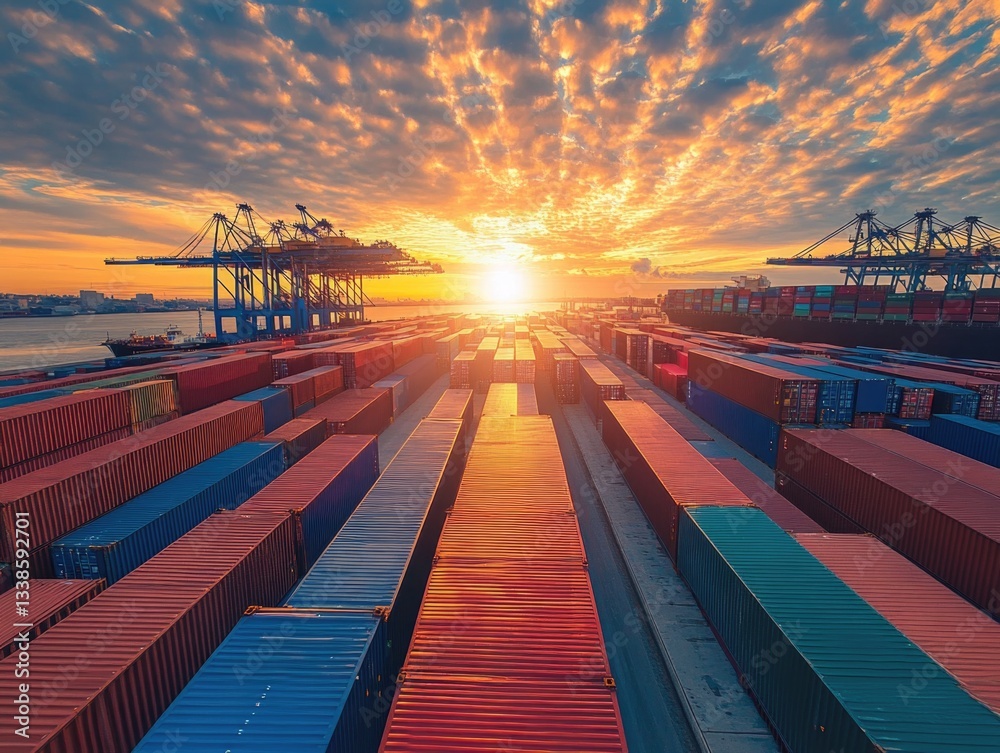 Poster Image of a busy container dock with containers stacked high as the sun sets in the background