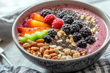 A vibrant smoothie bowl filled with mixed berries, nuts, and sliced fruits is beautifully presented in a stylish kitchen. This healthy breakfast showcases rich colors and textures