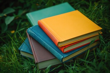 Stacks of books lying on a vibrant green grassy field