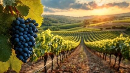 Sunlit vineyard with ripe, dark grapes at sunset