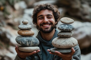 A man is smiling and holding three different stacks of rocks, each one representing the strength to hold up his family's structures in life.