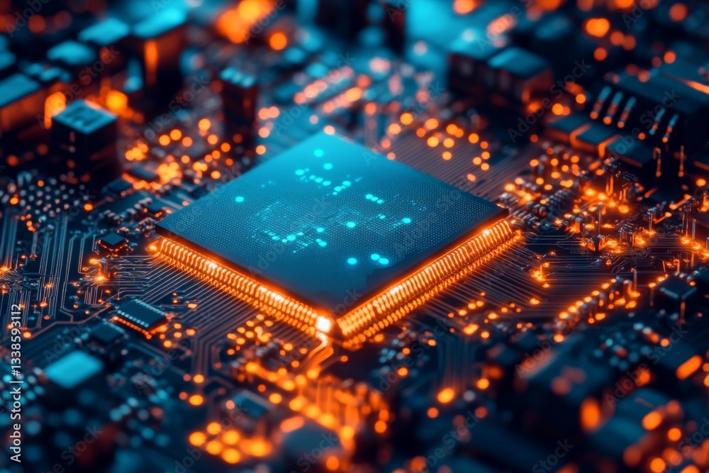 Poster Close-up view of a computer processor on a circuit board illuminated by glowing blue and orange lights