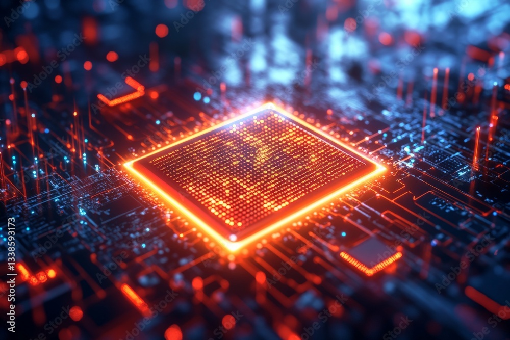 Aufkleber Technology shines with glowing microchip on a circuit board illuminated by vibrant blue and red lights in a dark setting