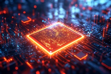 Technology shines with glowing microchip on a circuit board illuminated by vibrant blue and red lights in a dark setting