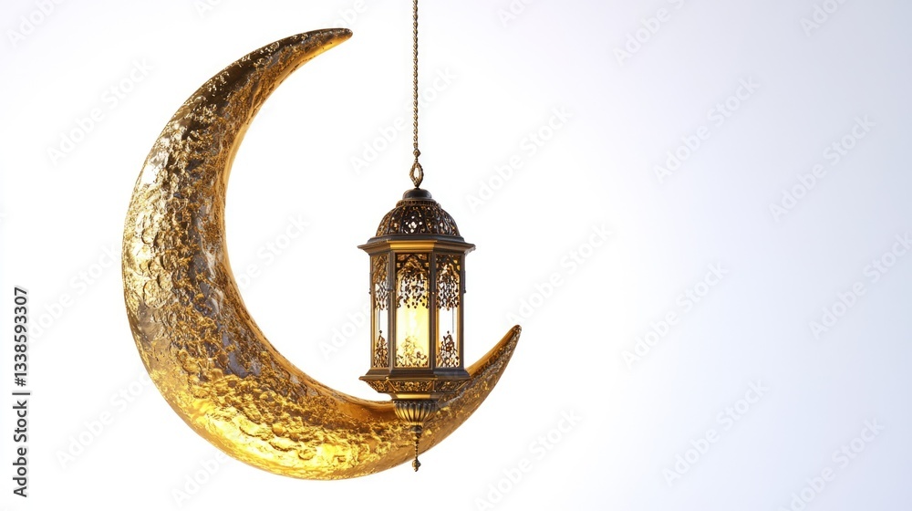 Aufkleber a lantern hangs from the side of a crescent moon shape, illuminated by soft light
