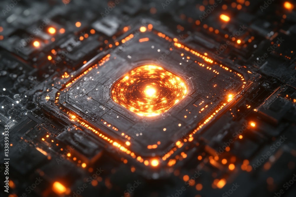 Aufkleber detailed view of a futuristic circuit board with glowing elements at night