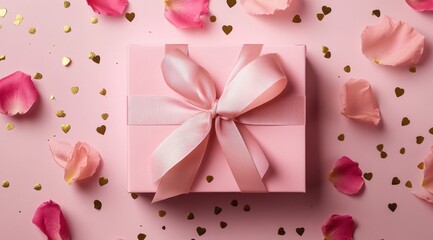 Luxurious gift box with a ribbon on a pastel pink background, adorned with rose petals and golden confetti. A Valentine's Day present 