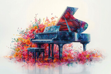 Piano with notes and flowers. Concert poster or banner. A musical instrument that connects feelings and harmony.