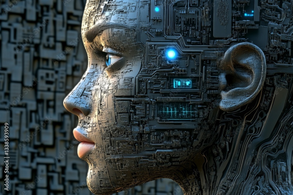 Poster futuristic robot face with intricate circuit patterns and glowing blue details set against a dark te