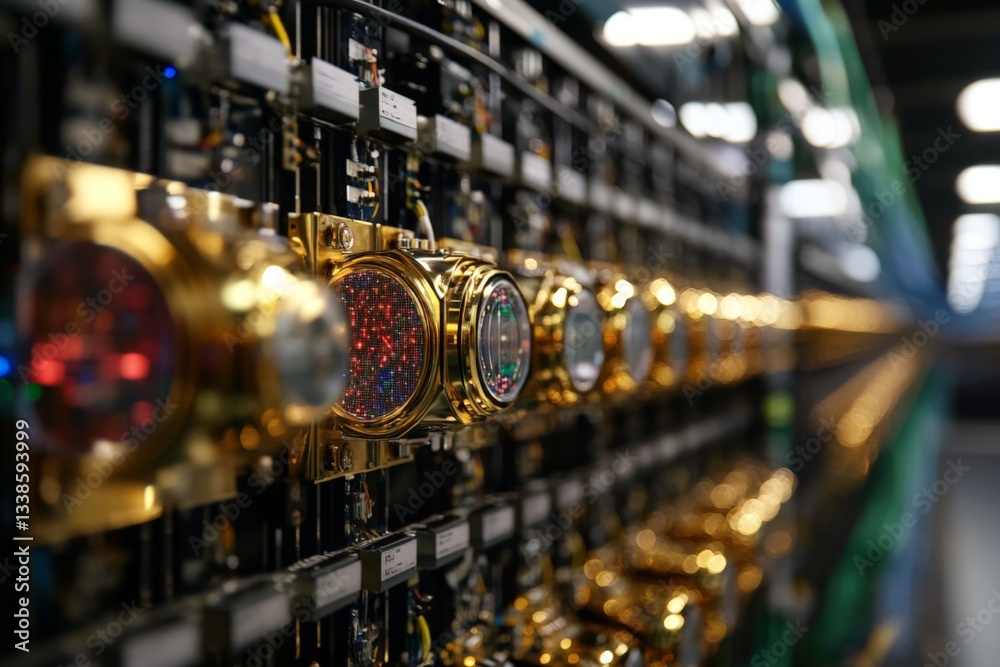 Aufkleber advanced technology showcased at a data mining facility with intricate lighting systems and gold acc