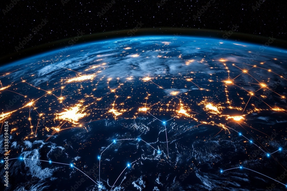 Fototapete view of earth from space showing glowing lights of cities and interconnected networks during nightti