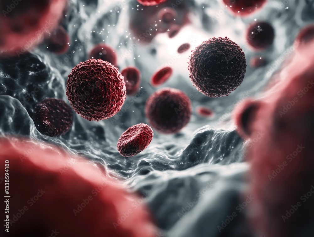 Poster a close-up view of a cluster of red blood cells