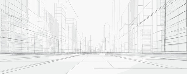 Futuristic city architecture design with geometric patterns and perspective lines.