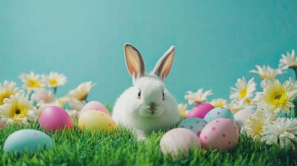 Fototapeta premium Cute White Rabbit Surrounded by Colorful Easter Eggs and Flowers
