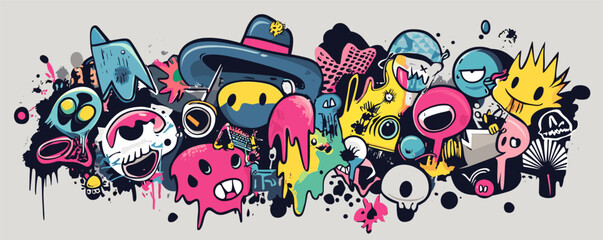 Colorful graffiti characters with quirky faces and vibrant expressions in urban street art.