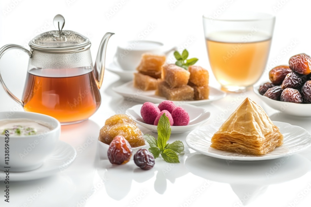 Poster a table set with breakfast plates, cups, and utensils next to a teapot filled with steaming hot tea