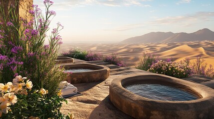 Fototapeta premium A desert plateau spa featuring warm sandstone seating pools