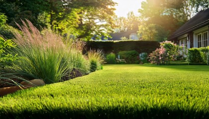 Obraz premium Lush green garden with vibrant plants and trees under golden sunlight in a tranquil neighborhood setting