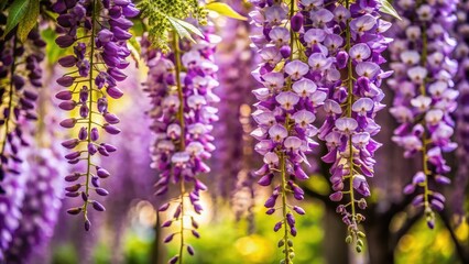 Obraz premium Enchanting purple wisteria blossoms create a low-light floral backdrop perfect for celebrations.