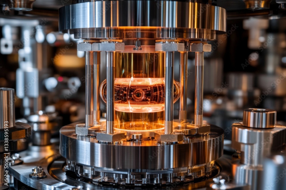 Poster High-tech experimental apparatus showcasing glowing plasma in a laboratory setup, highlighting advanced scientific research at night