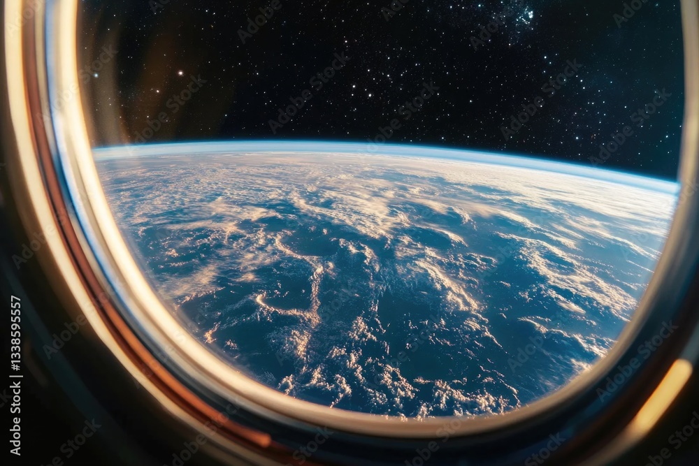 Poster view from airplane window showing the curvature of the earth, with clouds and blue sky