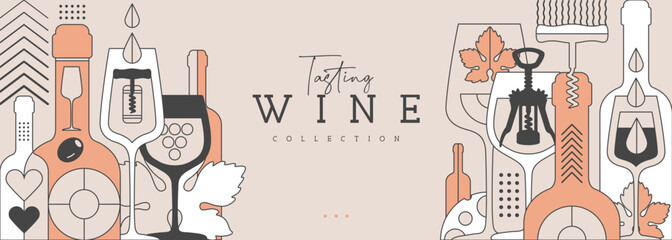 Modern line art banner or poster with wine bottles and glasses. Restaurant menu design. Wine background. Vector illustration