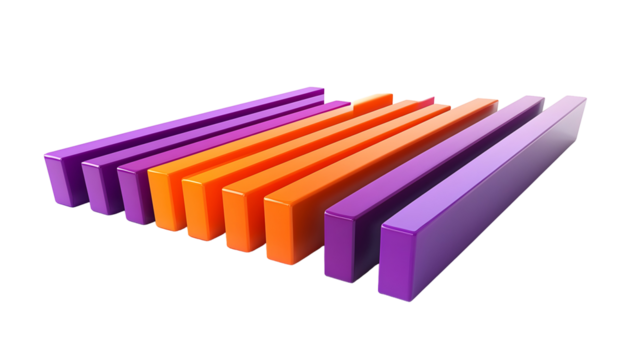 Colorful 3D bar graph, statistical data visualization in vibrant purple and orange, ideal for presentations, Transparent Background PNG