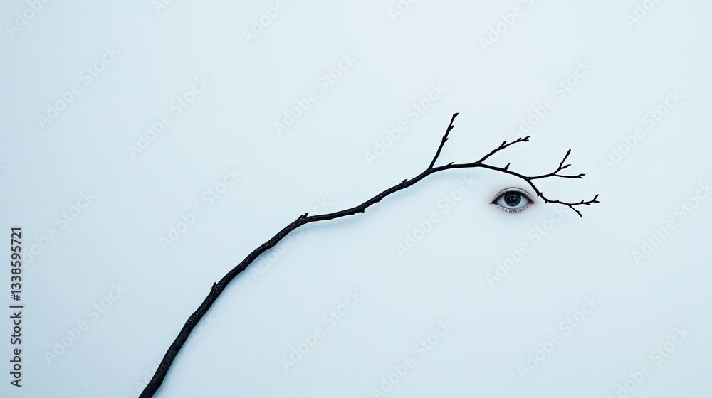 Poster Negative space design abstract background concept. A surreal composition of an eye and branch, symbolizing nature and perception.