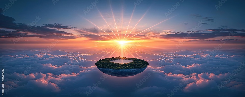 Poster sunset landscape abstract background idea. a breathtaking sunrise over a floating island above the c