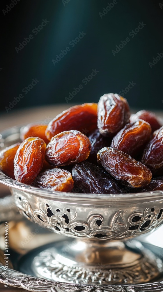 Poster A silver bowl filled with dates placed on a table, ideal for use in still life photography or as a decorative element
